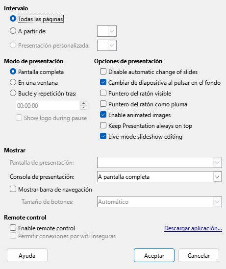 Configuración del pase de diapositivas