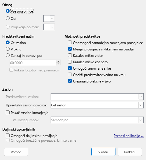 Slika pogovornega okna Predstavitev
