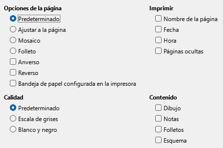 Cuadro de diálogo de opciones de impresión de Impress