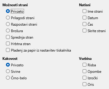 Slika pogovornega okna možnosti tiskanja za Impress