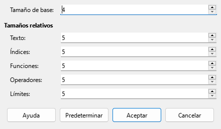 Cuadro de diálogo Tamaño de letra