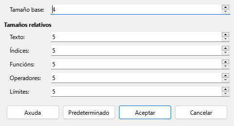 Caixa de diálogo Tamaño do tipo de letra