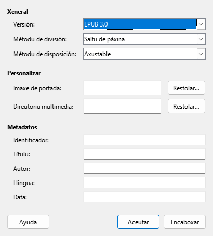EPUB dialog box