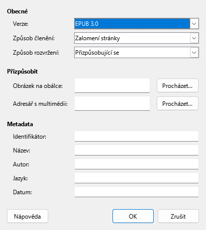 Dialogové okno EPUB