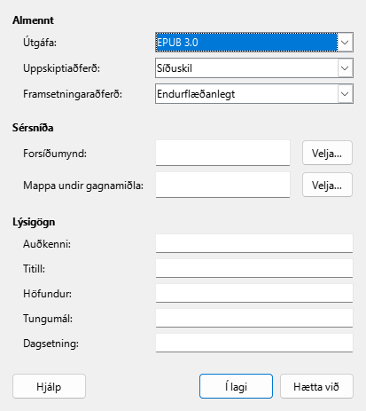 EPUB dialog box