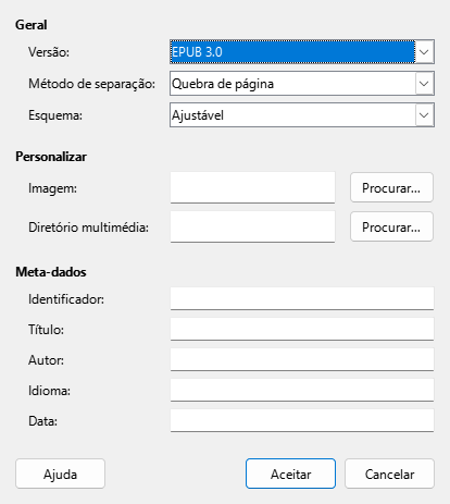 Caixa de diálogo de exportação EPUB