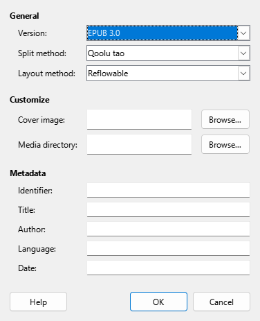 EPUB dialog box