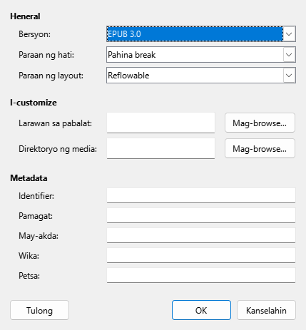 EPUB dialog box